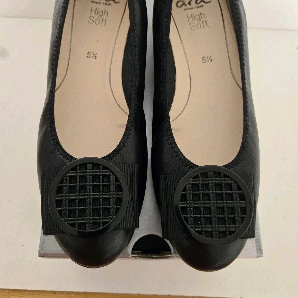 Ara Size 8 Black Leather Bambi Ballet Flats with Bow Detail NEW